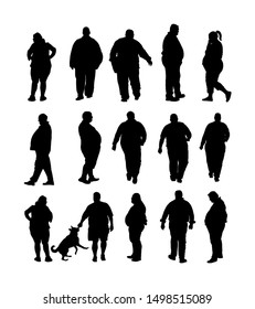 Fat Man Walking Health Care Activity Vector Silhouette. Overweight Person Trouble. Big Boy Think About Food. Difficult In Moving. Breathless Sweaty Fat Boy Need Break. Big Belly. Fat Couple. Fat Woman