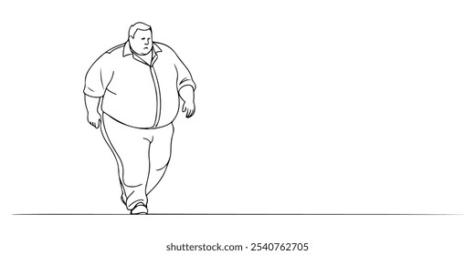 Fat Man Walking Line Art Drawing. Male Body Positive Concept Minimalist Black Sketch Isolated on White Background. Line Art Abstract Drawing of Big Man for Modern Design. Vector EPS 10