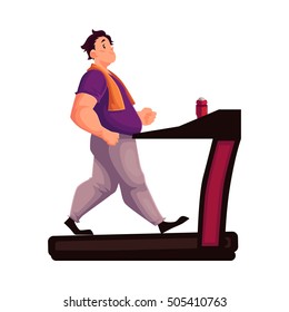 Fat man walking on the treadmill, cartoon vector illustration isolated on white background. Obese, fat, chubby man trying to get fit by walking on the treadmill, cardio exercises