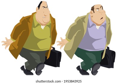 Fat man walks down street. Obese businessman with briefcase. Illustration concept for mobile website and internet development.
