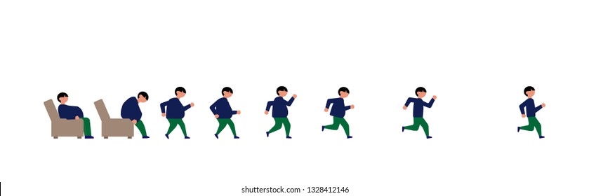 Fat man wants to lose weight. Rises, runs and turns into a thin, healthy person. Gradually losing weight, turning yourself into a healthy body jogging. Vector illustration.