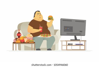 Fat man watching TV - cartoon people character isolated illustration on white background. A plump person, male couch potato eating fast food, french fries, drinking soda. Unhealthy lifestyle concept