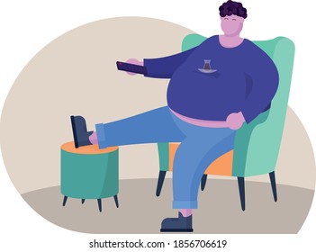 Fat man watching TV. He sit armchair and drink tea.He is very lazy.