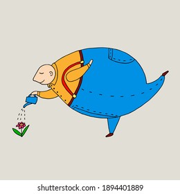 A fat man waters a flower from a watering can. Vector hand-drawn doodle illustration. Gardener. Body positive