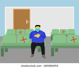 Fat man wearing mask siting on seat. passenger client waiting in room maintain social distance corona virus covid-19 safety