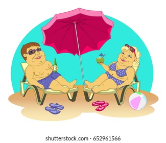 fat man and woman in beach suits are on selmah under the sun umbrella. Them sunglasses, they drink cocktails. Color vector illustration