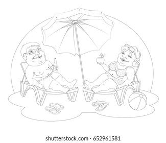 fat man and woman in beach suits are on selmah under the sun umbrella. Them sunglasses, they drink cocktails. Black and white image for coloring