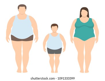 Fat man, woman and child in flat style. Obese family vector illustration. Unhealthy lifestyle concept.