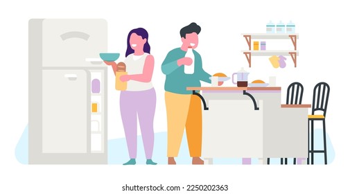 Fat man and woman eating near refrigerator. Hungry people. Unhealthy nutrition habits. Persons overeating. Kitchen interior. Couple holding meal products. Dinner cooking
