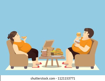 Hombre gordo y mujer con mucha comida rápida en la mesa. Ilustración sobre comer cometas compulsivas.