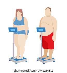 fat man and fat woman on scales. fat patient. overweight and hormonal imbalance. electronic floor scales. stock vector illustration isolated on white background.