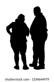 Fat Man And Woman Is Worry About Health Vector Silhouette. Overweight Person Trouble. Big Boy Think About Food Calorie. Difficulties In Moving. Breathless Sweaty Need Break. Fat Couple In Love On Date