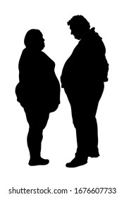 Fat Man And Woman Is Worry About Health Vector Silhouette. Overweight Person Trouble, Difficult Moving. Big Boy Think About Food Calorie. Breathless Sweaty Need Break. Fat Couple In Love On Date.