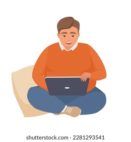 Fat man working on laptop. Obese man freelance employee vector cartoon illustration