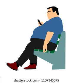 Fat man is worry about health vector isolated on white. Overweight person trouble. Big boy think about food calorie. Fat boy sitting on bench in park and ordering fast food by mobile phone. Giant man.