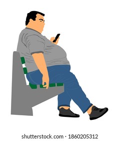 Fat man is worry about health vector isolated on white. Overweight person trouble. Big boy think about food calorie. Fat boy sitting on bench in park and ordering fast food by mobile phone. Giant man.