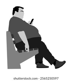 Fat man is worry about health vector isolated on white. Overweight person trouble. Big boy think about food calorie. Fat boy sitting on bench in park and ordering fast food by mobile phone. Giant man.