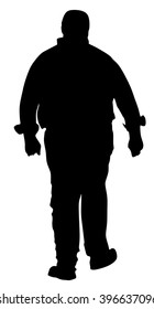 Fat man is worry about health,  vector silhouette isolated on white background. Overweight person trouble with walking. Big boy think about food calorie.