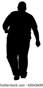 Fat man is worry about health,  vector silhouette isolated on white background. Overweight person trouble with walking. Big boy think about food calorie.