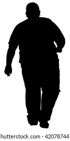 Fat man is worry about health,  vector silhouette isolated on white background. Overweight person trouble with walking. Big boy think about food calorie.