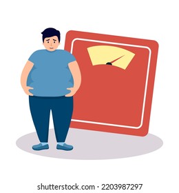 Fat man worrying about his weight in flat design on white background.