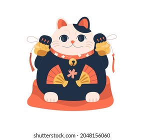 Fat maneki-neko with bells in both paws. Japanese lucky cat on pillow. Traditional Asian beckoning figurine for good luck, fortune and wealth. Flat vector illustration isolated on white background