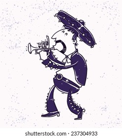 Fat Mariachi with a cornet, drawing, vector