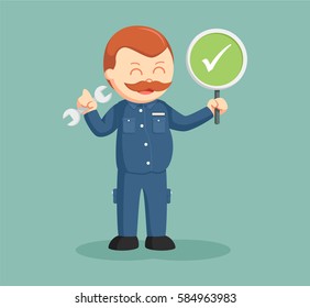 fat mechanic with checklist sign indicate success repair