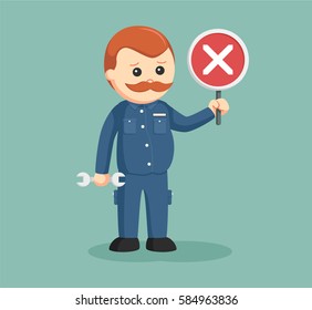 fat mechanic with crosswise sign indicate failed repair