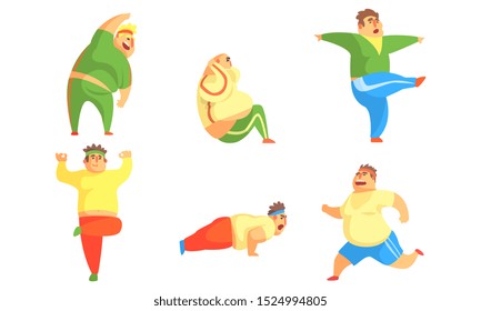Homens gordos Exercício no Conjunto de Ginástica, Gordinho Personagens Masculinos Fazendo Exercício Vetor Ilustração