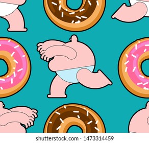 Fat men running from donut pattern seamless. Fat people and doughnut background  
