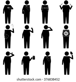 fat men with various food and snack info graphic icon vector sign symbol pictogram