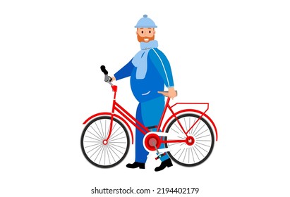 Fat middle aged man stand with bycycle isolated on white vector