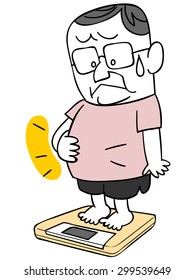 The fat middle-aged men measure the weight