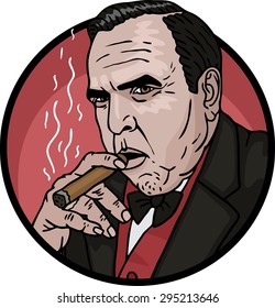 fat mobster in a suit with cigar portrait of a circle