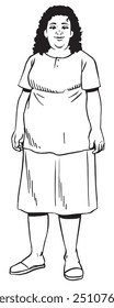 A fat mom standing and facing the camera. Illustration in black and white and vector format. This illustration is not an AI Generated content.