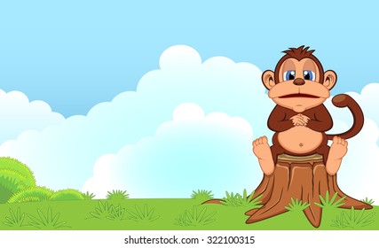 Fat monkey sitting in a wood cartoon in a garden