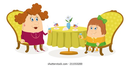 Fat mother and daughter sitting near the table, drinking juice and eating ice cream, funny cartoon illustration, isolated on white background. Vector