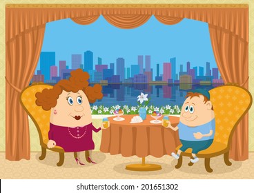 Fat mother and son sitting near the table in a restaurant with view on big city, drinking juice and eating ice cream, funny cartoon illustration. Vector