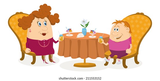 Fat mother and son sitting near the table, drinking juice and eating ice cream, funny cartoon illustration, isolated on white background. Vector