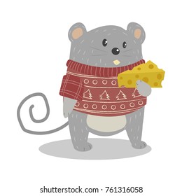 Fat mouse holding cheese cartoon vector illustration. Mouse with cheese cartoon isolated on white background. Pastel cute mouse. 