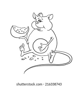 fat mouse with a piece of cheese, contour vector illustration