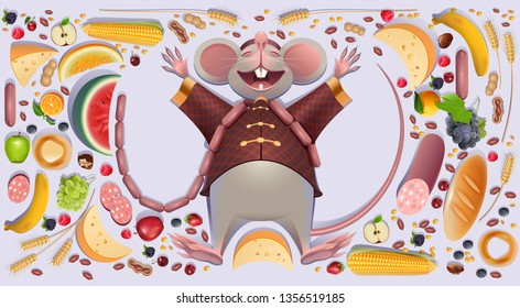 Fat mouse rat is rest spreading paws. 2020 on Chinese calendar symbol rich wealth abundance. Vector cartoon illustration