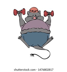 Fat mouse in spring making exercises with dumbbells. Animal symbol of Chinese New Year 2020. Colorful sketch, hand drawing. Black outline on white background. Vector illustration
