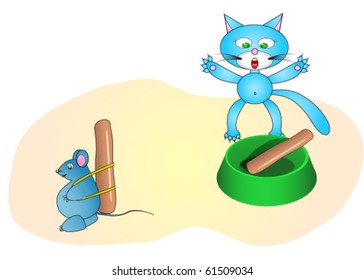 A fat mouse stealing a cat's sausage