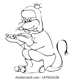 Fat mouse in winter with a cup and candies wearing warm clothes. Animal symbol of Chinese New Year 2020. Monochrome sketch, hand drawing. Black outline on white background. Vector illustration