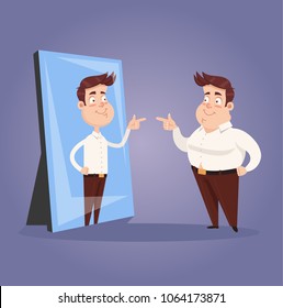 Fat narcissist positive confident office worker businessman character looking at mirror and see slim attractive sporty athlete thin man in reflection. Motivation dream goal hope transformation 