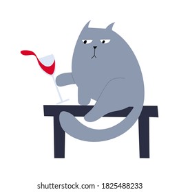 Fat naughty car drops wine glass. Cute funny character with glass of red wine. Flat style minimalistic grumpy cat greeting card.