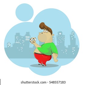Fat Nerd eating donut. Overeating, obesity concept illustration. Vector