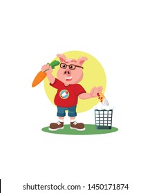 Fat Nerd Pig Trying To Eat Healthy Food Isolated White